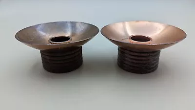 MCM Copper & Wood Candle Holders By CHASE BRASS & COPPER Art Deco Crafts Style • $22.95