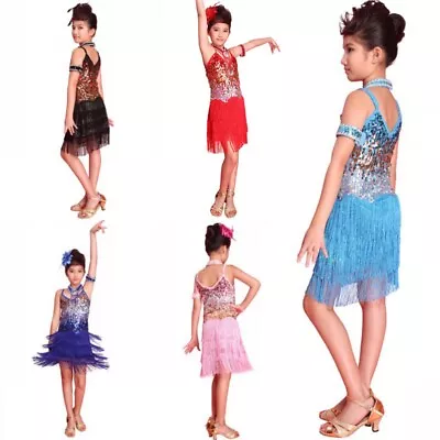 Kids Girls Sequin Salsa Latin Dance Dress Tasseled Costume Ballroom Dancewear • $29.99