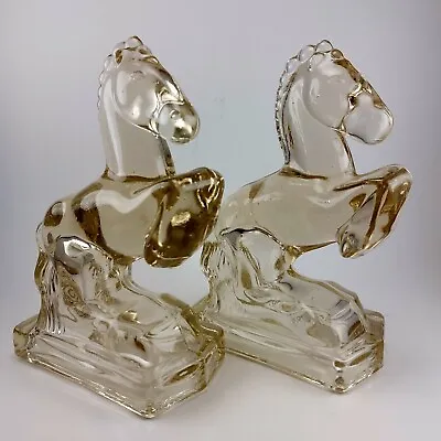 L.E. Smith Horse Bookends Heavy CLEAR Art Glass PLEASE READ DESCRIPTION! • $24.99