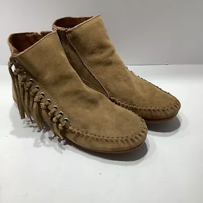 Minnetonka Moccasins Boots Womens Sz 8M Brown Suede Fringe Side Zip Rubber Sole • $24.99