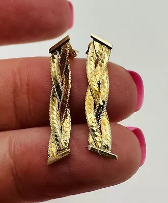 Vintage 14k Gold Herringbone Chain Dangle Twist Earrings 1.33 Grams 1” Drop • £216.86