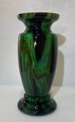 Stunning Vintage Czech Glass Art Vase Dark Green & Black Marbled 7-1/4  Tall • $45