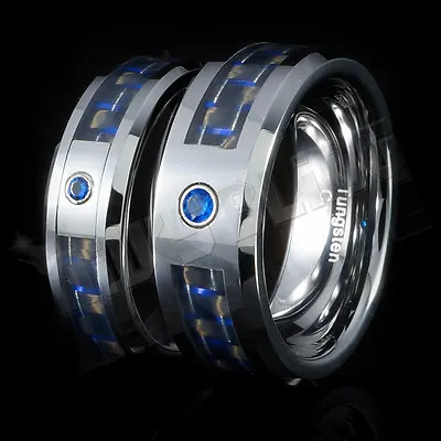 6MM 8MM Black And Blue Carbon Fiber CZ Inlay Tungsten Carbide Mens Band Ring  • $19.99