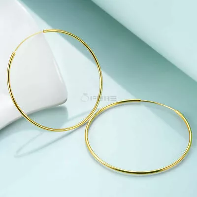 18ct Gold On Genuine Sterling Silver Endless Big Sleeper Gold Hoop Earrings 50MM • £7.89