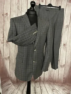 MARIO BARUTTI Mens 2 Piece Suit Grey Wool Tweed Check Windowpane 42” Slim Line • £54.95
