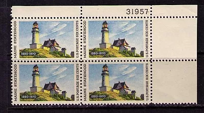 US USA Sc# 1391 MNH FVF Plate # Block Maine Lighthouse At Two Lights Hopper Art • $1.40