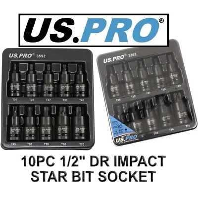 US PRO 10pc IMPACT TORX Bit Socket Set 1/2  Drive T20 - T70 Star Bit Set 3592  • £14.79