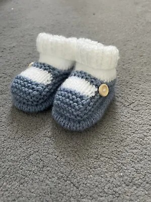 £3.50 • Buy New - Hand Knitted Baby Bootees - Sock And Shoe Style -  Denim - 0-3 Months