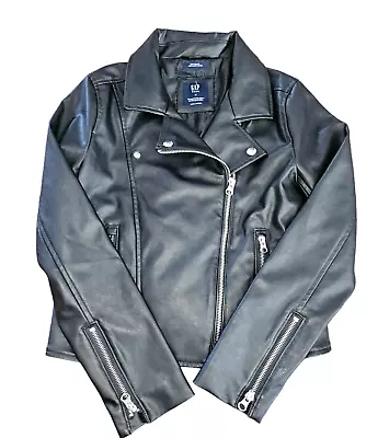 Gap Kids  Black Faux Leather Jacket Size 10 Unisex Zippers Biker Motorcycle • £35.63