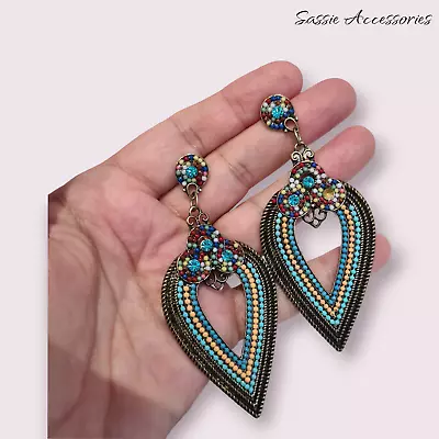 Big Bold Turquoise Gold Bead Enamel Drop Earrings Bohemian Tribal Style . • £7.99