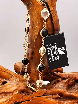$19.95 • Buy Swarovski Gold Tone Chain Link Bracelet Onyx & Clear Crystals 