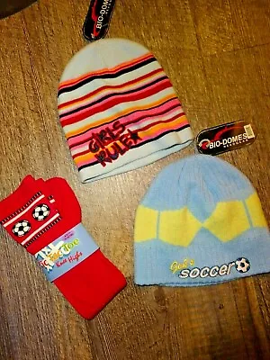 Girl's Soccer Socks 2 Pair Shoes Sizes 2.5-6 & 2 Beanie Hats Caps +FREE Charm • $18.99