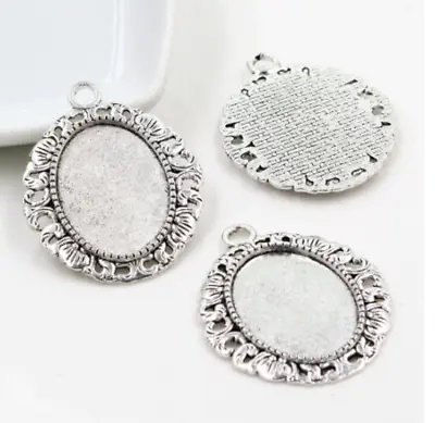10 Tibetan Silver  Oval Cabochon Connector Pendant Blank Settings fits 25x18mm • £4.50