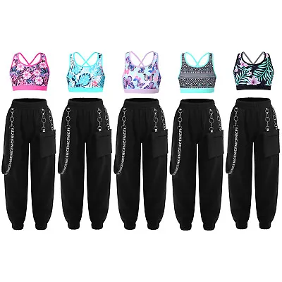 Girls Hip Hop 2 Piece Outfits Modern Girls Dance Clothing Set Chain Pocket Team • $13.19