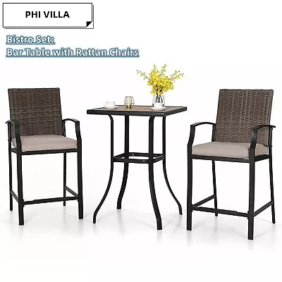 Outdoor Bistro Sets Of 3 Patio Bar Stools Height Table Rattan Wicker Bar Chairs • $309.99