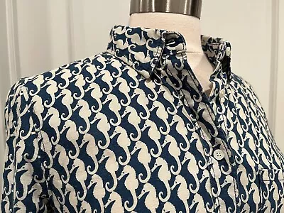 New! J. Crew Boy Shirt Women's Size 4 Blue Seahorse Print Button-Down 55% Linen • $25