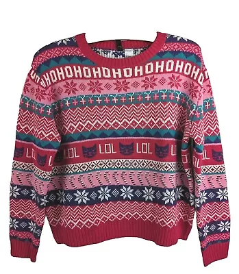 H&M Divided Christmas Sweater Cats Candy Canes Isle Design Pink Red Green • $17.06