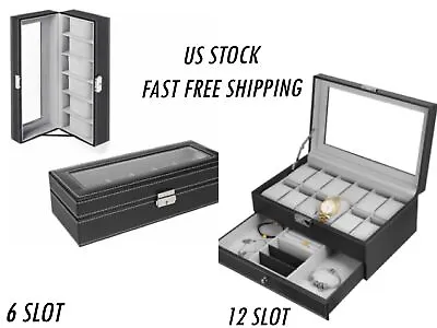 6/12 Slot Watch Box Leather Jewelry Box Lockable Case Glass Drawer For Men • $22.99