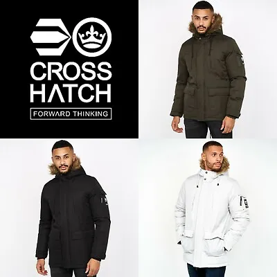 Mens Crosshatch Hooded Parka Long Coat Faux Hair Hood Padded Winter Jacket New • £49.95