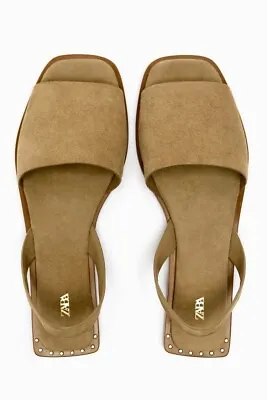 $59 • Buy Nwt Zara Flat Leather Sandals With Heel Strap Sandy Brown - Ref 2643/110 7.5