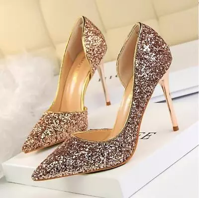 Women's Evening Sequin Stilettos Shoes Pointy Toe Party 9.5CM High Heel Fashion • £37.45