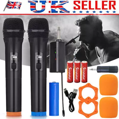 2PCS UHF Wireless Microphone Cordless Rechargeable Handheld Mic System Receiver • £15.69