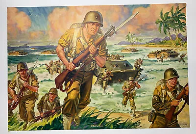 C 1940’s Military War Soldiers Army Tank Art ORIGINAL Print Emmett Watson 9x13 • $17.87