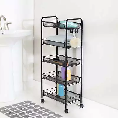 Steel 5-Tier Rolling Storage Cart With 4 Hooks Black • $30.99