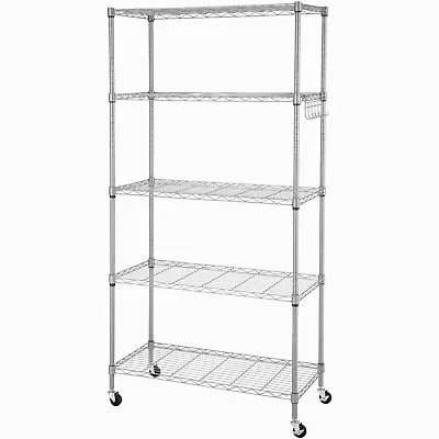 5 Tier Metal Storage Rack Shelving Wire Shelf Kitchen Office Unit + 4 Wheels NEW • £49.99