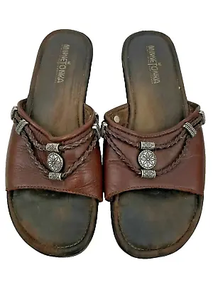 Minnetonka Sandals Size 8 Womens Leather Slip On Slides Brown • $19.48