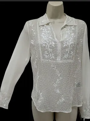 ECI New York Silk Sheer Beaded Embroidered White Top  • $12