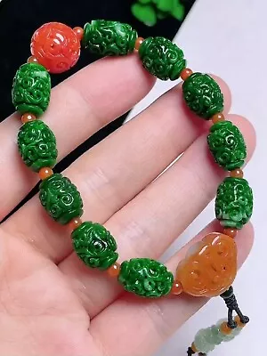 Vintage Emerald Green Jadeite Jade Carved Beaded Beads Bracelet Bangle【Grade A】 • $5299.20