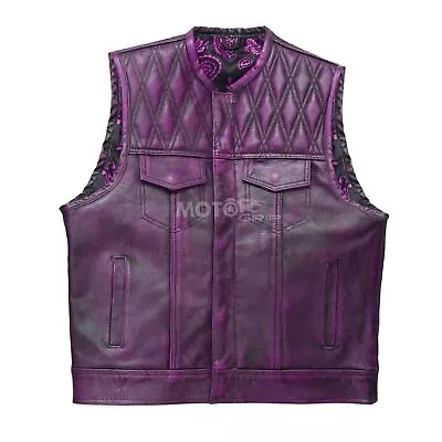 Purple Wax Leather Vest - Denim Men Biker Vest - Men Braided Motorcycle Vest • $77.94