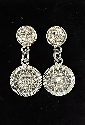 VTG MH - 02 Mexico Sterling Silver Sun Face Dangle Drop Pierced Earrings • $37