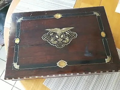 Antique Writing Box 1800's Victorian Travel Lap Desk Wood Brass Eagle Inlaid • $175