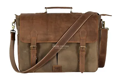 Real Leather Bag With Canvas Laptop Briefcase Shoulder Messenger Travel Bag • £67.99