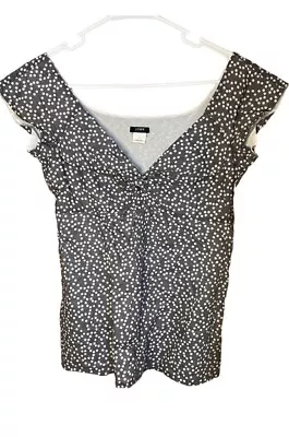 J Crew Polka Dot V Neck Flutter Sleeve Blouse Gray And White Size 0 100% Cotton • $19