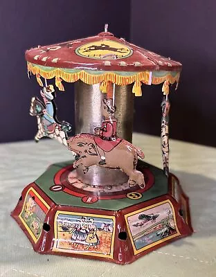 Vintage Tin Litho Toy Windup Musical Carousel Horse & Pigs (Not Working) • $25