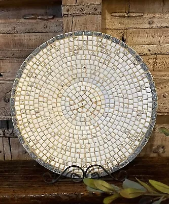 VTG Extra Large MCM Mosaic Centerpiece Platter Cream Blue Gold Decorative Heavy • $125