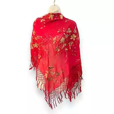 Vintage Red And Gold 1990’s Chiffon Piano Scarf With Long Fringe  44” X 40” • $50