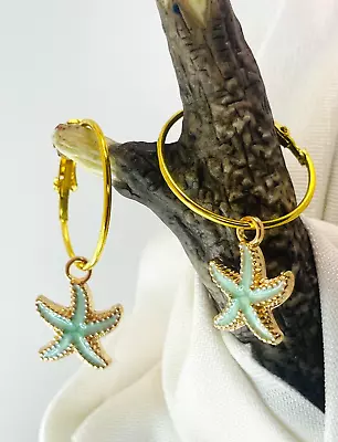 Green And Gold Starfish Hoop Dangle Drop Earrings. 1-5/8  Beach. Summer. Sand. • $7.50