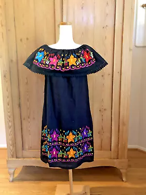 Mexican Floral Embroidered Off The Shoulder Midi Peasant Cotton Dress Size M • $12.99