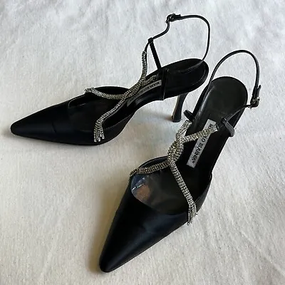 MANOLO BLAHNIK Shoes Black Satin Gonia Slingbacks Crystals Size 39.5 US 9.5 • $275