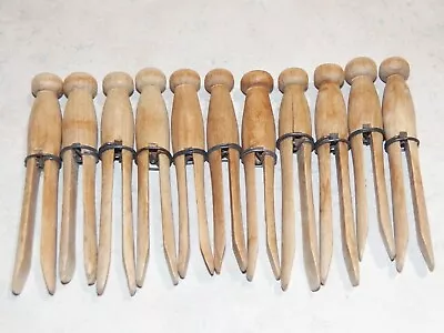 Vtg Lot Of 11 Round Head Wire Band Wood Clothespins 3.75 -4  Laundry • $12.50