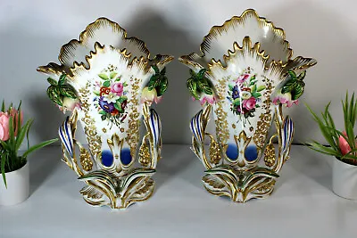 Antique Pair French Vieux Paris Porcelain Hand Paint Floral Vases 1900s • $490