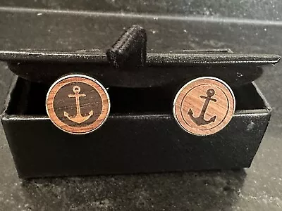 Wood Metal Engraved Anchor Maritime Cruise Ship Nautical Cuff Links NEW Gift Box • $10