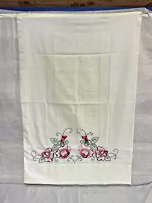 Vintage Dan River Pillowcase Dantrel No Iron Muslin Embroider Floral Red & Pink • $12.95