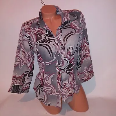 MKM Designs Stretch Womens Button Up Shirt Medium Multicolor 3/4 Sleeve Collared • $14.99