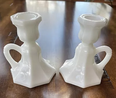 Anchor Hocking Vintage Colonial Milk Glass Handled Candle Holders White Lovely • $15