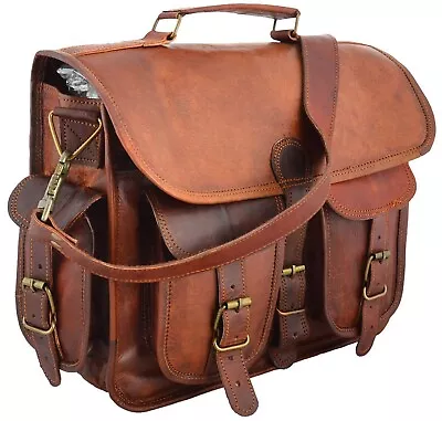 Men's 18  Goat Leather Messenger Real Satchel Bag Genuine Laptop Brown Briefcase • £52.92